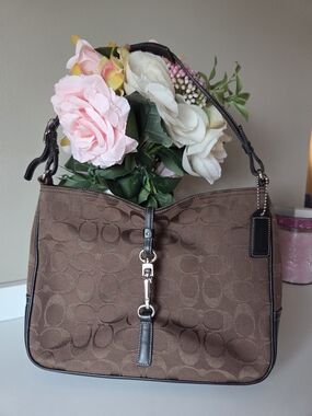 Vitage Coach Brown Signature Canvas Shoulder Bag with Dark Trim
